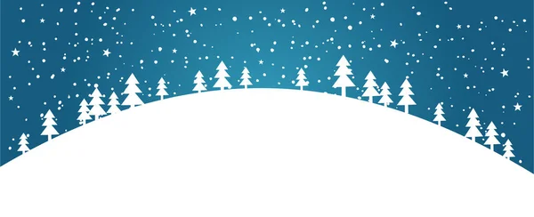 000Silhuetas brancas de árvores de Natal nevadas contra um céu azul de inverno. Banner com um simples applique. Colina com árvores, estrelas no céu, flocos de neve. Ano Novo e fundo de Natal com espaço para — Vetor de Stock