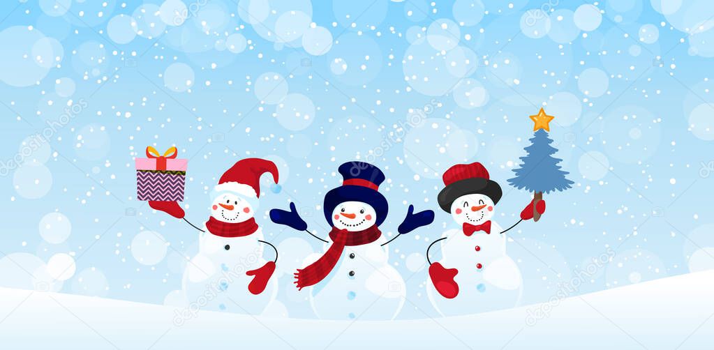 Group of snowman characters with gifts and Christmas tree on a winter snowy background. Christmas banner with holiday design elements. Winter card. Vector flat stock with place for text.