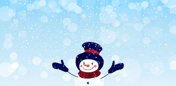 Lindo muñeco de nieve en el diseño de dibujos animados sobre un brillante fondo de invierno nevado. Banner de Navidad y Año Nuevo con lugar para el texto. Muñeco de nieve con sombrero y guantes con las manos arriba. Cielo azul con nieve. Existencias planas — Vector de stock