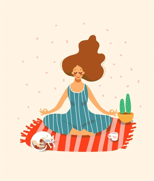 Uma menina em um macacão listrado medita em uma posição de lótus. Fazer ioga em casa ou no quarto no tapete. O conceito de um estilo de vida saudável, relaxando a mente. Desenhos animados ilustração stock vector —  Vetores de Stock