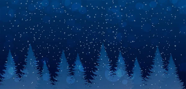 Banner de Natal e Ano Novo com lugar para texto. Floresta noturna de inverno com neve caindo. Floresta azul escuro bonito e mágico com árvores de Natal. Projeto vetorial de estoque plano — Vetor de Stock