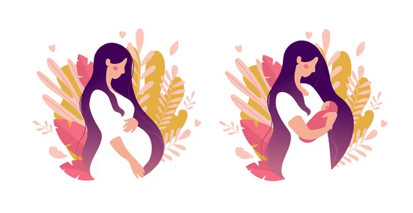 Set of illustrations about pregnancy and motherhood. Pregnant woman with tummy on a background of leaves. Girl with a newborn baby on a natural background. Flat stock vector illustration. — Stock Vector