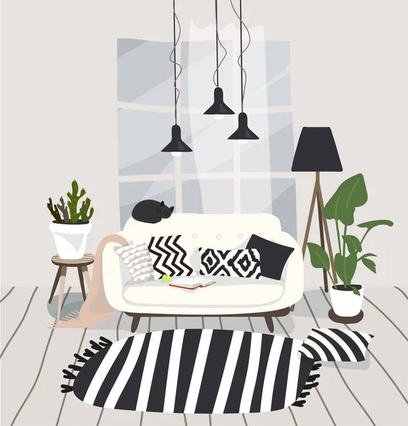 Modern belső tér egy nappali egy skandináv hygge fekete-fehér stílusban. Apartman trendi skandináv design bútorokkal. Gyönyörű szoba kanapéval, ablakkal, falakkal, növényekkel, lámpákkal, szőnyeggel. Fl. — Stock Vector