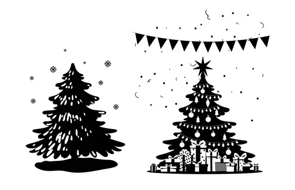 La silueta negra del árbol de Navidad antes y después de la decoración. Conjunto de elementos de diseño de Año Nuevo. Árbol de Navidad en el bosque, uno en casa con regalos. Ilustración vectorial plana aislada en espalda blanca — Vector de stock