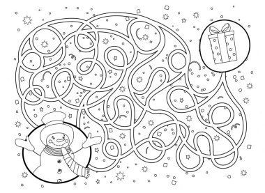 Çocuklar için siyah-beyaz eğitici oyun labirenti. Kardan adamın şimdiki zamanı bulmasına yardım et. Anaokulu için bulmaca boyama kitabı, eğitici aktiviteler. Doodle vektör çizimi izole et