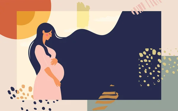 Terhes nő. Modern kollázs elvont háttérrel. Világos fogalmi lapos illusztráció az anyaságról és a terhességről. Készletvektor — Stock Vector