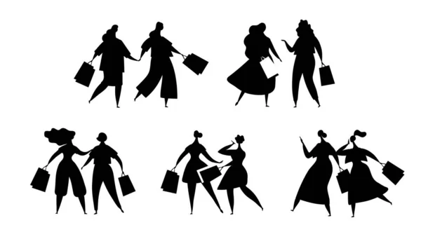 Silhouetten van vrouwen met boodschappen doen. Modieuze meisjes met tassen gaan naar de winkel, café, boetiek. Zwart-witte illustratie van mensen met aankopen in cartoon stijl. Vector geïsoleerd op een witte achtergrond — Stockvector