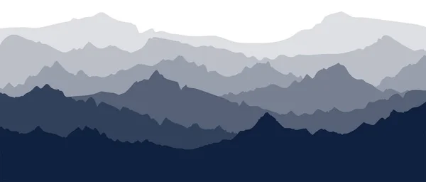 Mountain panorama. Banner with several layers of silhouettes of mountainous terrain. Hills in the evening or in the morning. Flat stock vector illustration isolated on white background — Stock Vector