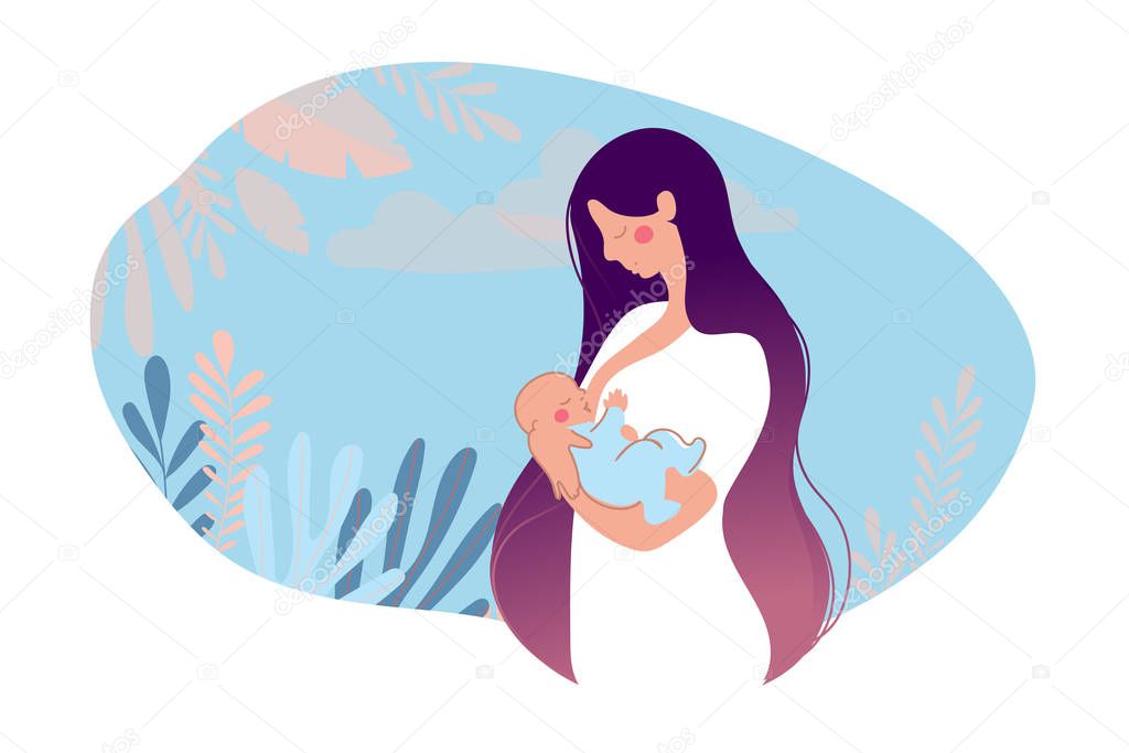 Illustration of breastfeeding, lactation. A mother breastfeeds her baby on a natural background with leaves. The concept of motherhood, health, family, childhood support. Cartoon vector illustration i