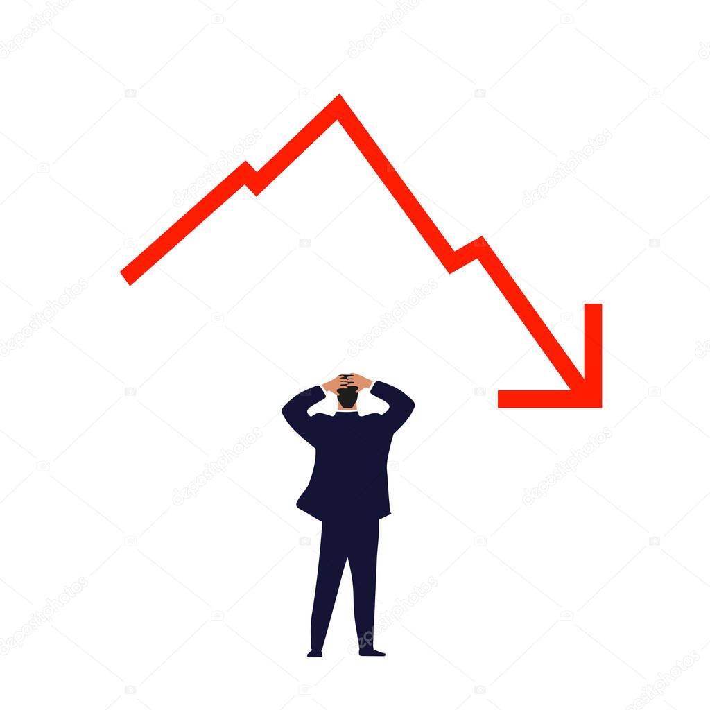 World financial crisis. A simple graph with down arrow. Man held on to his head. Investments, exchange rates, stock market, business. Flat vector illustration isolated on white background