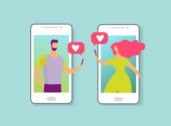 Man en vrouw schrijven berichten over liefde of date. Online dating concept. De personages op het telefoonscherm werden verliefd. Platte cartoon vector illustratie — Stockvector