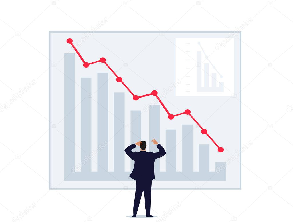 A man throws up his hands looking at a graph of falling prices. World financial crisis, unsuccessful investment, failure, loss of money. Man on the stock exchange. Flat vector isolated on a white
