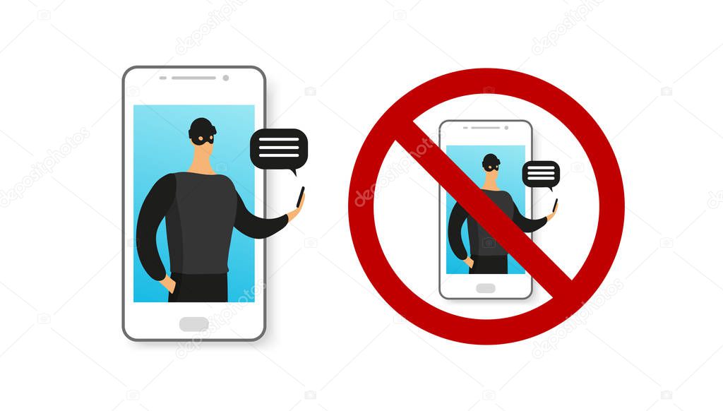 Phone fraud, online dating, payments, transfers. Deception and theft on the phone, the Internet, applications. Online scammer. Criminal with a phone on display. Prohibition sign. Flat vector isolated