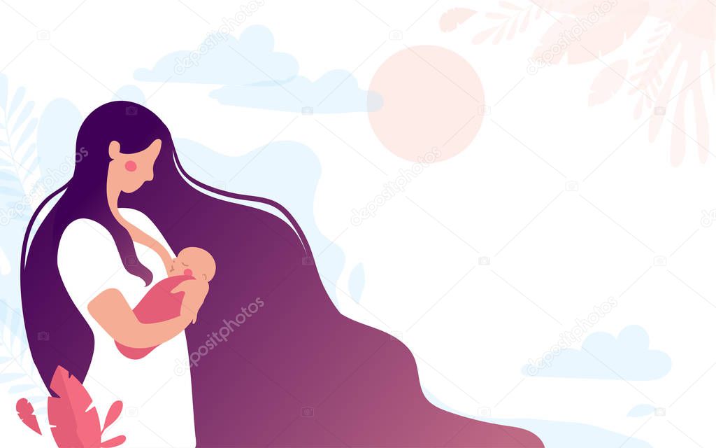A cute young mother breastfeeds a newborn baby on a natural background. The woman presses the baby to the chest, the baby eats breast milk. Flat illustration isolated on white background