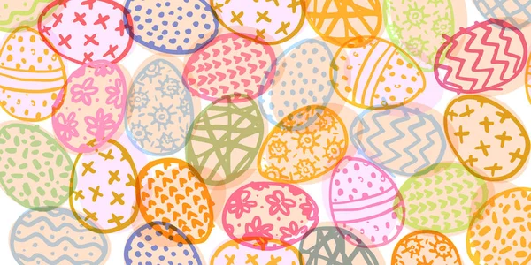 A modern universal Easter pattern of decorated eggs. Colorful doodle illustration with place for text. Holiday banner. Flat vector isolated on a white background — Stock Vector