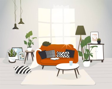 Modern İskandinav tasarımında oturma odası. Rahat bir daire, mobilyalı bir ev. Moda İskandinav iç dekorasyonu, kanepe, sehpa, ev bitkileri, pencere. Düz vektör illüstrasyonu.