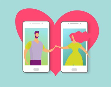 Telefon ekranındaki bir çift kalp sembolünün arka planında el ele tutuşuyorlar. İnternet randevusu kavramı, sınırsız aşk. Aşıklar erkek ve kadın. Çizgi film düz vektörü izole edildi