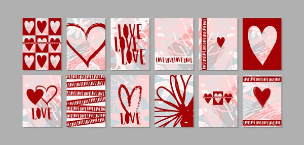 Love. Big set of modern romantic designer mockups. Pink and red poster with heart and text for wedding, cards, Valentines day, invitation, birthday. Flat stock vector illustration — Stock Vector