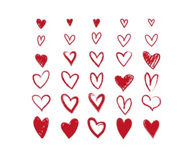 Güzel kırmızı kalpleri olan bir poster. Modern kalp sembolleri seti, tasarım elemanı, logo, ikon. Düğünler, davetiyeler, sevgililer günü için siluetler ve hatlar. Stok vektör çizimi izole edildi