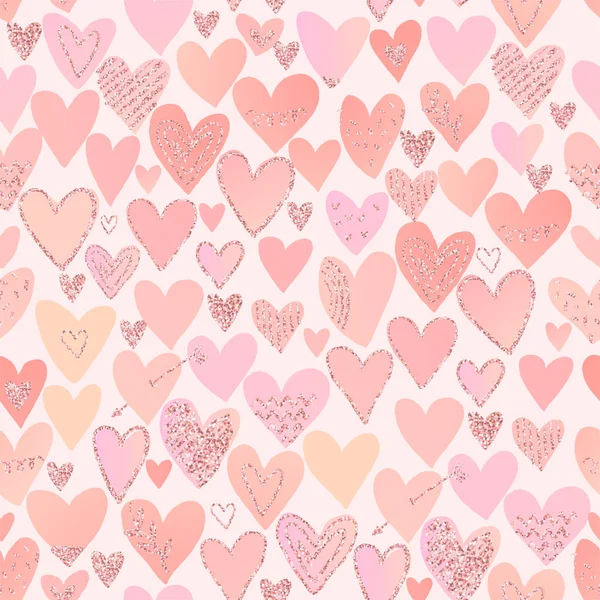 Vackert sömlöst mönster med rosa hjärtan och glitter. Romantisk prydnad med glitter för ett bröllop, Alla hjärtans dag, en hobby. Illustration av lagervektor. — Stock vektor