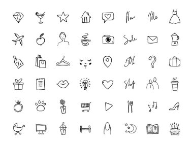 Sosyal medya, kişisel marka, kozmetik mağazası, kadın kıyafetleri, sağlıklı beslenme ikonu. İnce çizgi çiz, Vektör illüstrasyonu beyaz arkaplanda izole edildi