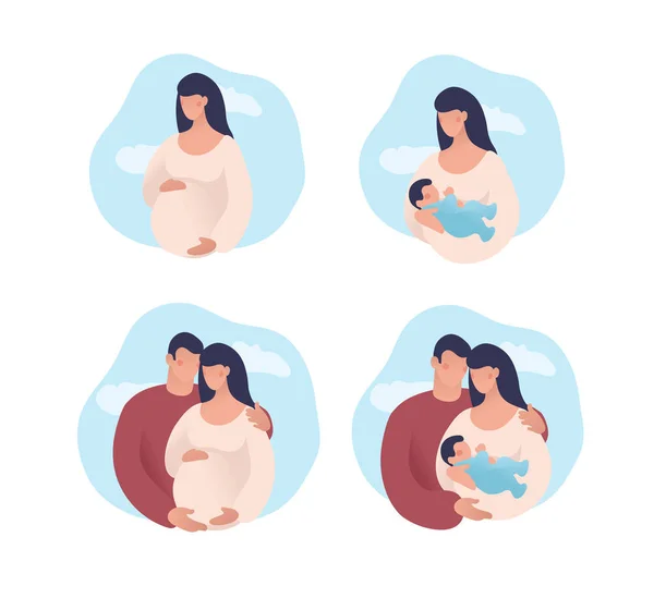 Set of concept illustrations about pregnancy, parenthood, motherhood. A pregnant woman, a man and a woman are waiting for the birth of a child, mother and father with a child. Flat vector isolated on — Stock Vector