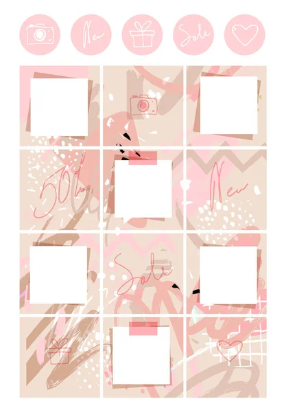 Una moderna tavolozza rosa tenue per le donne. Puzzle astratto sfondo strutturato per post e storie su un social network. Colori freschi della primavera e dell'estate. Collage vettoriale per il negozio — Vettoriale Stock