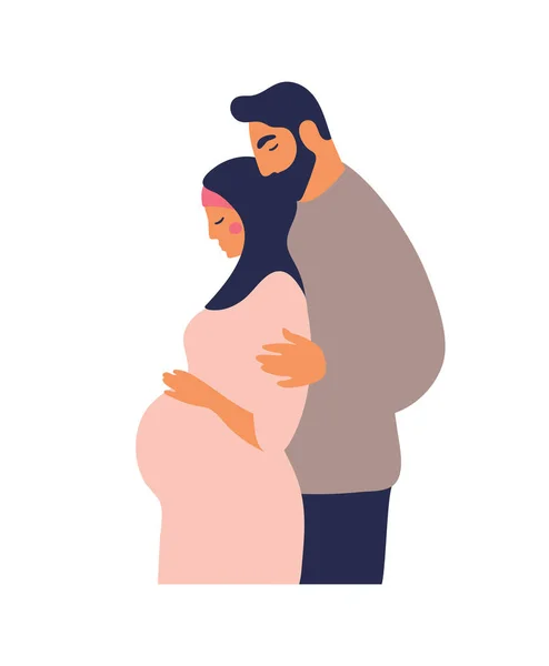 Keluarga Muslim tradisional mengharapkan seorang bayi. Wanita hamil dengan seorang suami. Keluarga Arab. Ilustrasi vektor datar diisolasi pada latar belakang putih - Stok Vektor