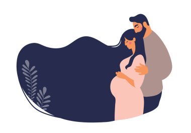 Bir çift bir çocuğun doğmasını bekliyor. Bir adam hamile bir kadına sarılıyor. Hamilelik, annelik ve babalık kavramlarını ele alalım. Düz vektör çizimi beyaz arkaplanda izole edildi