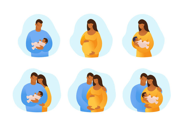 Black African American husband and wife, pregnancy and childbirth. Set of templates for design, antenatal care, postcards. Flat vector illustration isolated on white background