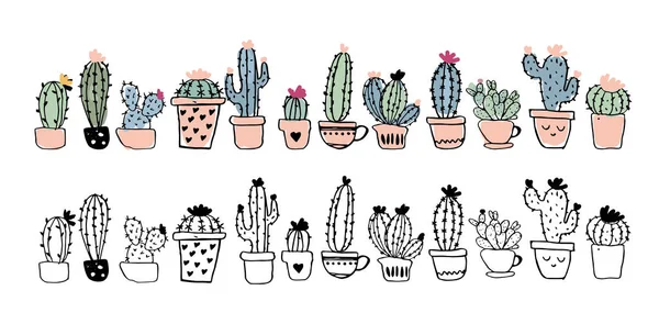 Set of linear drawing cacti in pots and colorful illustration isolated on a white background. Coloring book with home plants and color stickers. Mexican succulents. Doodle vector — Stock Vector