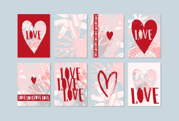 En uppsättning romantiska kärlekslayouter med röda hjärtan. Kollektion av moderna minimalistiska bröllopskort, Alla hjärtans dag mockup design. Vektorillustration — Stock vektor
