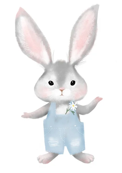 Cute rabbit in a blue jumpsuit. Little bunny in jeans with a flower Isolated on a white background. Children s card with cartoon animal character — 스톡 사진