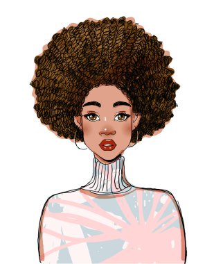 Güzel bir zenci kadın modelinin portresi. Kıvırcık saçlı, modern Afro-Amerikan kız. Beyaz arkaplanda izole edilmiş vektör illüstrasyonu