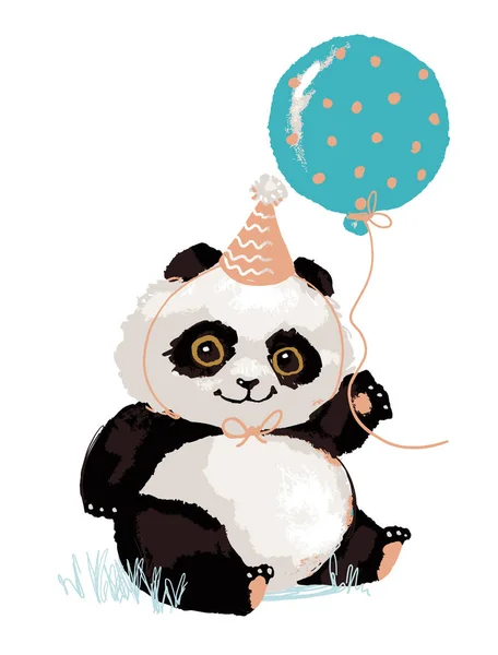 Мила панда у святковій шапці з повітряною кулею. Панда з днем народження. Мила тварина, векторний персонаж ізольовано на білому тлі — стоковий вектор