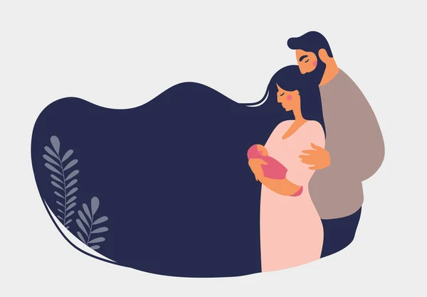 Παντρεμένο ζευγάρι με νεογέννητο. Οικογενειακή ιδέα, μέρος για κείμενο. Μια γυναίκα κρατά ένα μωρό στην αγκαλιά της, ένας άντρας αγκαλιάζει την οικογένειά του. Επίπεδο διάνυσμα κινουμένων σχεδίων απομονωμένο σε λευκό — Διανυσματικό Αρχείο