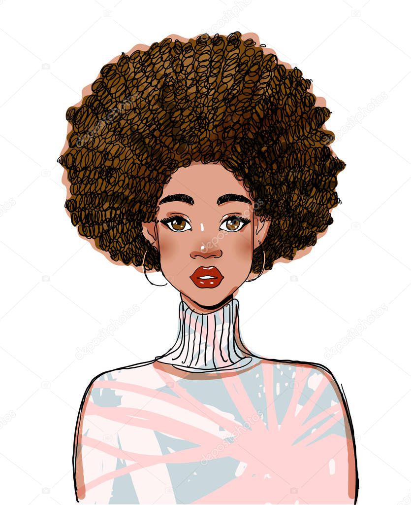 Portrait of a beautiful black woman model. Modern afro american girl with curly hair. Vector illustration isolated on a white background