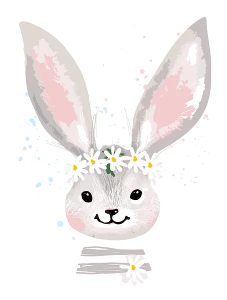 Wenskaart met een portret van een schattig konijn. Konijn met een krans van bloemen op zijn hoofd. Dierenvector illustratie geïsoleerd op witte achtergrond — Stockvector