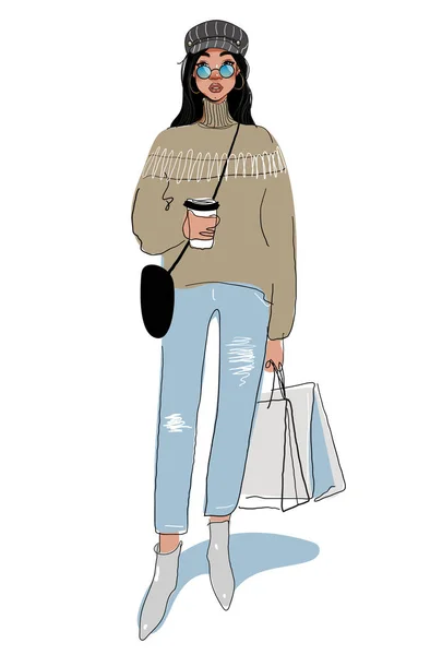 Cute hipster girl carries a bag and coffee. Modern young woman is shopping. Vector doodle illustration, sketch — Stock Vector