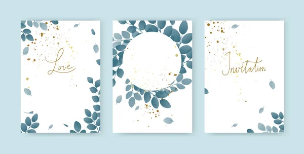 Düğün için şablon, doğum günü, yapraklı davetiye, altın kaplama ve metin. Çelenkli ve dallı kartpostallar, modern minimalist tasarım. Metin için yeri olan vektör illüstrasyonu — Stok Vektör