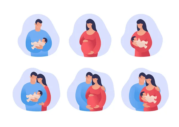 Een set illustraties over zwangerschap en moederschap. Concept illustratie. Ouders met een kind, moeder en vader wachten op de geboorte van de baby. Getrouwd stel en ouderschap. Vectorillustratie — Stockvector