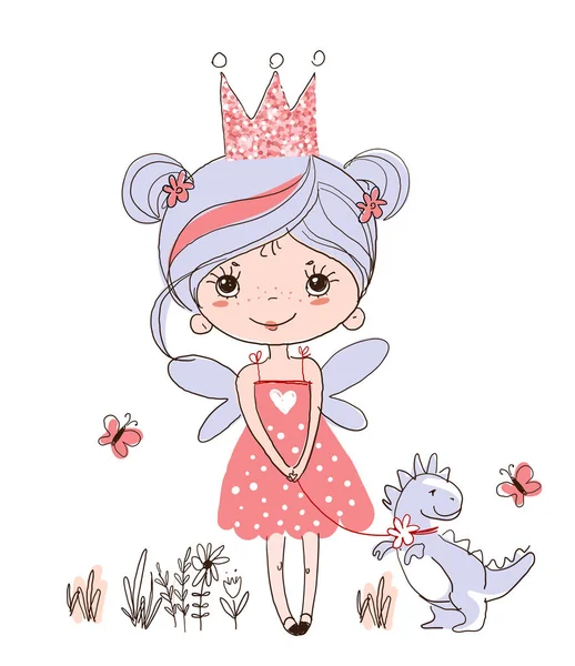 Милая маленькая фея с крыльями в розовом платье. Принцесса в короне ходит с драконом или динозавром. Сказочная девушка, цветной эскиз, векторная иллюстрация на белом фоне — стоковый вектор