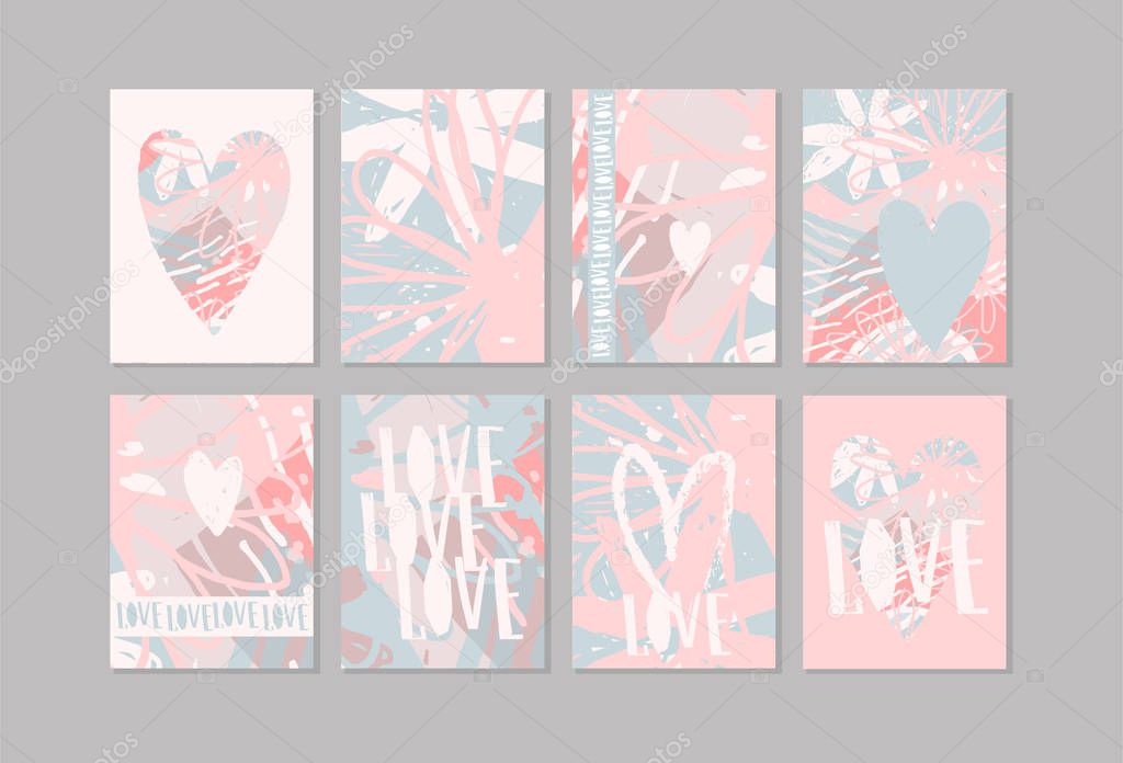 Love. A large set of modern romantic design layouts. Pink, blue and white poster with heart and text for wedding, greeting card, valentines day, invitation, birthday. Flat stock vector illustration