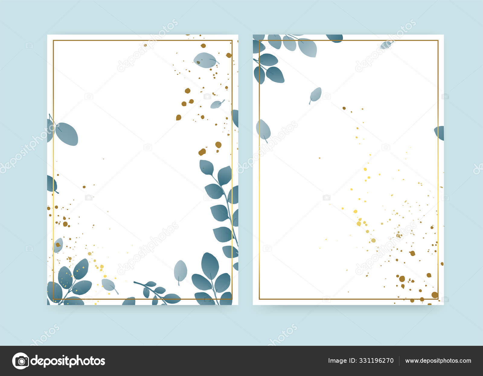Hermoso fondo natural de primavera para la decoración de texto. Invitaciones  de boda con ramas de hojas, marco dorado y salpicaduras de pintura dorada.  Diseños navideños para tarjetas. Ilustración vectorial Vector de, image size:1600x1245