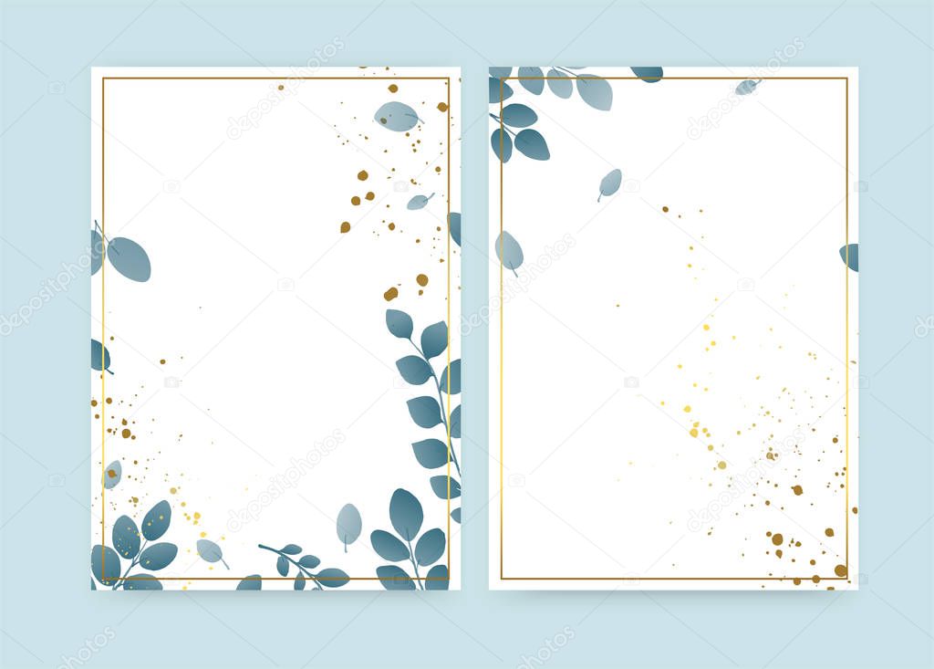 Beautiful spring natural background for text decoration. Wedding invitations with leaf branches, golden frame and splashes of gold paint. Holiday layouts for cards. Vector illustration