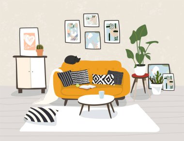 Moda İskandinav kucaklama tasarımında modern ev tasarımı. Güzel bir İskandinav tarzı daire. Oturma odası, kanepe, mobilya, çiçekler. Vektör illüstrasyonu