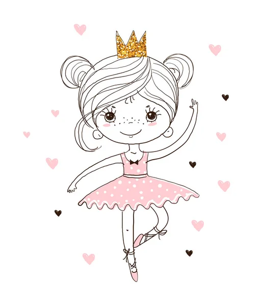 Cute little ballerina in tutu and pointe shoes. The princess girl is dancing in a pink dress. A beautiful linear poster about the ballet for the nursery. Doodle vector illustration — 스톡 벡터