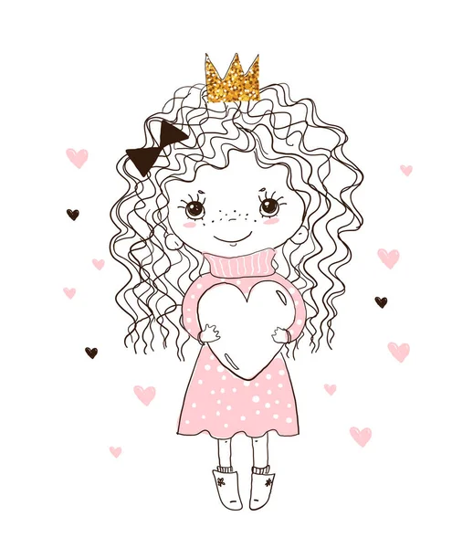 A sweet child hugs a big heart. Little princess in the crown, blank for greeting card, print, invitation, holiday. Hand drawing for a nursery. Vector illustration isolated on white. — 스톡 벡터