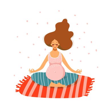 Sevimli hamile kız yoga yapıyor. Bir kadın halının üzerinde lotus pozisyonunda oturur. Hamilelik boyunca sağlık ve sakinlik. Düz vektör illüstrasyonu.
