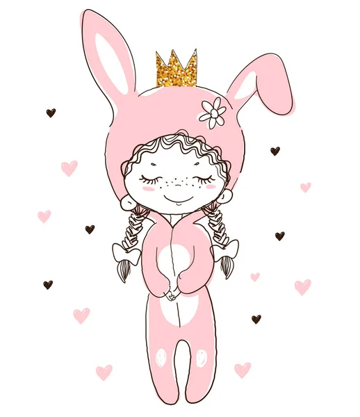 Cute little girl in a rabbit costume. Easter bunny. Little princess with curly hair in a carnival costume. Doodle vector illustration isolated on white. — Stock Vector